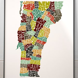 Vermont map art, Vermont art print, signed print of my original hand drawn Vermont map art