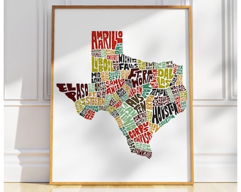 Texas map art print, Texas art & maps, signed print of my original hand drawn Texas map art, Texas decor, Texas gift