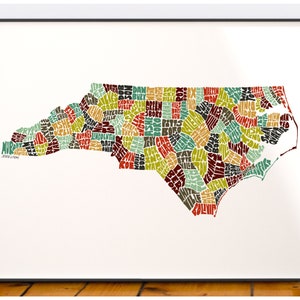 North Carolina map art, North Carolina art print, signed print of my original hand drawn North Carolina map art