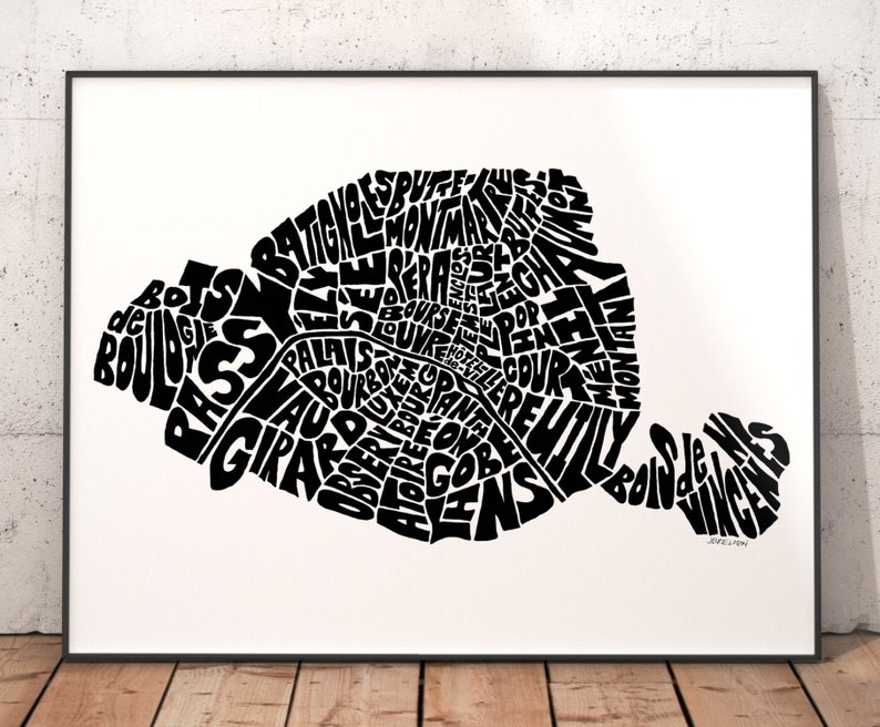 Paris art print signed print of my original hand drawn Paris typography map art Paris map art