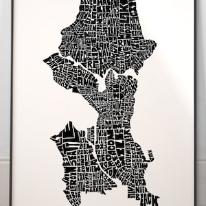 Seattle neighborhoods map art, Seattle map print, Seattle art print, Print of my original hand-inked Seattle typography illustration
