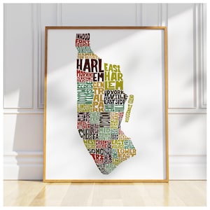 Manhattan neighborhood map print, Signed print of my original hand drawn Manhattan typography map art