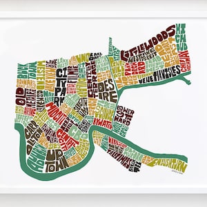 New Orleans neighborhood map print, Signed print of my original hand drawn New Orleans typography map art, New Version!!!