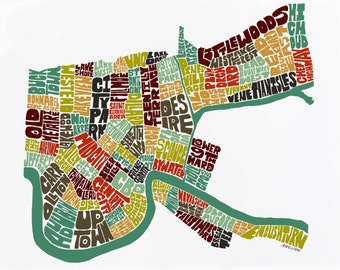 New Orleans neighborhood map print, Signed print of my original hand drawn New Orleans typography map art, New Version!!!