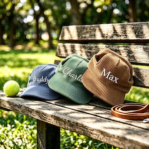 May include: Three corduroy dog hats in blue, green, and brown, each embroidered with a name: "Buddy", "Charlie", and "Max". A tennis ball and a leather lead rest on a wooden bench in a park setting.