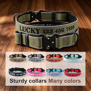 May include: Olive green dog collar with the name "LUCKY" and a phone number. Below are several colorful collars with names and numbers, including "ARCHIE," "SCOUT," and "BENSON." The text "Sturdy collars Many colors" is at the bottom.