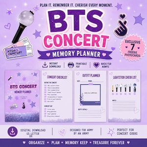 Puede incluir: Un planificador de recuerdos de conciertos de BTS en color morado, con un bastón de luz, entradas de concierto y siete tarjetas fotográficas gratuitas. Incluye páginas para una lista de verificación, un planificador de atuendos y una lista de luz.