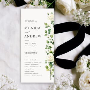 4x9 Hochzeitsprogramm Vorlage, Zeremonialprogramm für Vorder- und Rückseite, bearbeitbare Canva Order of Service, Party List, DIY weißer Rosengarten