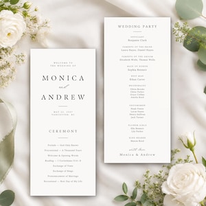 Op de afbeelding: Twee witte trouwceremonieprogramma's met zwarte schreeftekst. De linkerkaart vermeldt Monica en Andrew, 23 mei 2027, en de volgorde van de ceremonie. De rechterkaart bevat een lijst met de namen van de bruiloftsgasten.