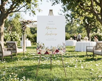 Modèle de plaque de bienvenue rose rouge, plaque de bienvenue de mariage dans le jardin 18 x 24, modèle modifiable sur toile, affiche de bienvenue florale aquarelle, plaque romantique