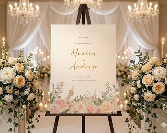 Modèle de plaque de bienvenue rose blush, plaque de bienvenue de mariage 18 x 24, modèle de toile modifiable, affiche de bienvenue rose aquarelle, plaque de mariage romantique