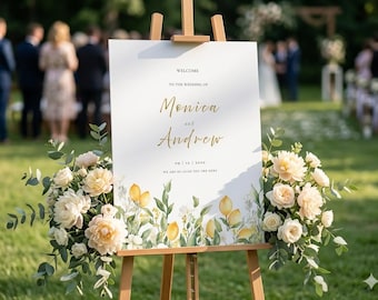 Modèle de plaque de bienvenue pour mariage citron, agrumes mariage signe modifiable sur toile, décoration de mariage d'été italien imprimable, aquarelle citron de bienvenue