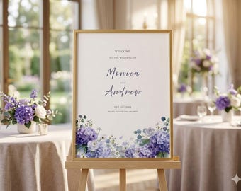 Modèle de plaque de bienvenue hortensia bleu, plaque de bienvenue de mariage floral violet 18 x 24, modèle de toile modifiable, affiche de bienvenue jardin aquarelle