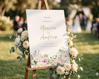 Modèle floral rose de plaque de bienvenue, plaque de bienvenue de mariage 18 x 24, modèle de toile modifiable, affiche de bienvenue pivoine aquarelle, plaque de mariage pastel