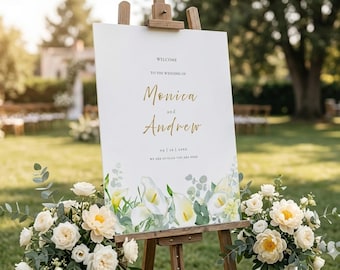 Modèle de plaque de bienvenue pour mariage Lys calla, panneau de mariage floral blanc sur toile modifiable, verdure d'eucalyptus, décoration de mariage imprimable, élégant