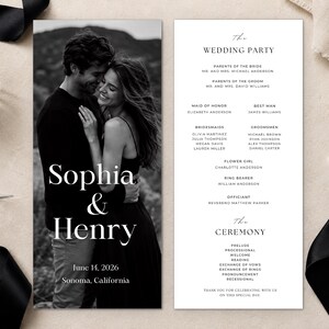 May include: A wedding program card featuring a black and white photograph of a couple on the left side with the text Sophia & Henry, June 14, 2026, Sonoma, California. The right side lists the wedding party and ceremony details in black text.