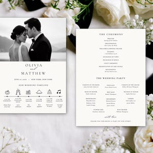 Puede incluir: Un conjunto de programas de boda con una fotografía en blanco y negro de una pareja en la parte superior, seguido de los nombres Olivia y Matthew, una fecha, una línea de tiempo con iconos y una lista detallada del orden de la ceremonia.