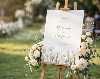 Modèle de plaque de bienvenue tulipe, plaque de bienvenue de mariage floral or 18 x 24, modèle de toile modifiable, affiche de bienvenue de mariage neutre signe minimaliste