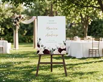Modèle de plaque de bienvenue rose bordeaux, plaque de bienvenue de mariage Marsala 18 x 24, modèle de toile modifiable, affiche de bienvenue floral rouge blanc