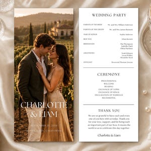 May include: A wedding programme featuring a photograph of a couple in a vineyard on the left and text listing the wedding party, ceremony order, and a thank you note on the right. The names Charlotte and Liam are printed in white serif font.