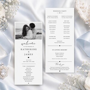 May include: A vertical wedding programme card featuring a black and white photograph of a couple at the top, followed by the text Welcome to the wedding of Katherine & James, the date 06.22.2025, New York, New York, and a detailed ceremony schedule.