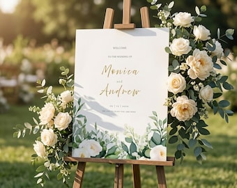 Modèle de plaque de bienvenue verdure, plaque de bienvenue de mariage eucalyptus 18 x 24, modèle de toile modifiable, affiche de bienvenue floral botanique, panneau de jardin