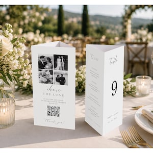 May include: A white triangular wedding table card featuring four black and white photos, the text "share THE LOVE", a QR code, and "Thank you!". The other side displays "To EAT", "Table 9", a menu list, and the names "EMILY + JAMES".