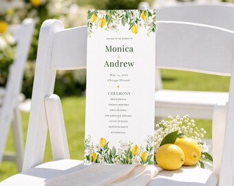 Modèle de programme de mariage citron 4 x 9, programme de cérémonie agrumes sur toile modifiable, programme de mariage d'été italien imprimable, ordre de service