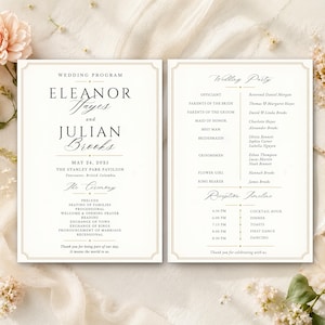 May include: A two-sided wedding program printed on white cardstock with gold border lines. The front displays the names Eleanor Hayes and Julian Brooks, the date May 24, 2025, and the ceremony order. The back lists the wedding party and reception timeline.