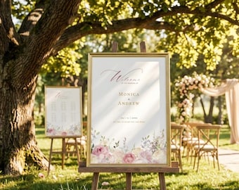 Modèle de plaque de bienvenue pour mariage floral rose blush, décoration de mariage rose élégante, affiche de mariage jardin romantique, panneau de bienvenue imprimable