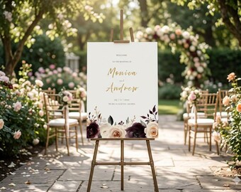 Modèle de plaque de bienvenue Bordeaux, plaque de bienvenue pour mariage d'automne 18 x 24, modèle modifiable sur toile, affiche de bienvenue florale Marsala or, plaque d'automne