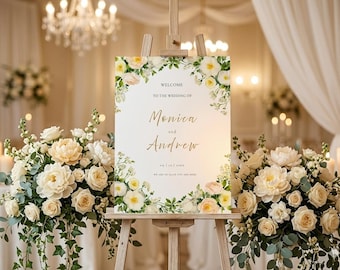 Modèle de plaque de bienvenue de mariage rose blanche, rose de jardin signe de mariage en toile modifiable, décoration florale élégante de mariage imprimable, mariage classique