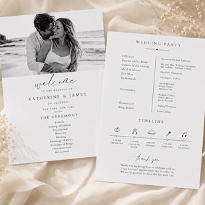 May include: Two white wedding program cards with black text. The left card features a black and white photo of a couple at the beach, the text Welcome to the wedding of Katherine & James, 06.22.2025, New York, New York, and a ceremony list.