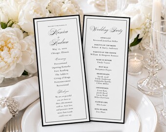 Modèle de programme de mariage Old Money, programme de cérémonie recto-verso 4 x 9, ordre de service modifiable sur toile, fête de mariage noir et blanc