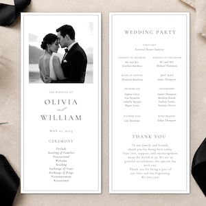 May include: A two-sided wedding program featuring a black and white photograph of a couple at the top. The text includes the names Olivia and William, the date May 25, 2025, a ceremony outline, a wedding party list, and a thank you message to guests.