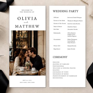May include: A two-sided wedding program card featuring a photograph of a couple at a cafe table. The left side displays the text Welcome to the wedding of Olivia and Matthew, May 18, 2024, New York, New York. The right side lists the wedding party and ceremony.