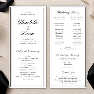 Peut inclure: Deux cartes de programme de mariage verticales blanches avec du texte noir et des bordures à double ligne. La carte de gauche indique Charlotte et Liam, 14 juin 2025, et l'ordre de la cérémonie. La carte de droite liste le cortège, la mémoire.