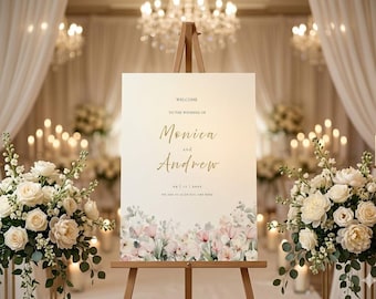 Modèle de plaque de bienvenue rose fleurs sauvages, plaque de bienvenue de mariage aquarelle 18 x 24, modèle de toile modifiable, affiche de bienvenue florale douce, signe bohème