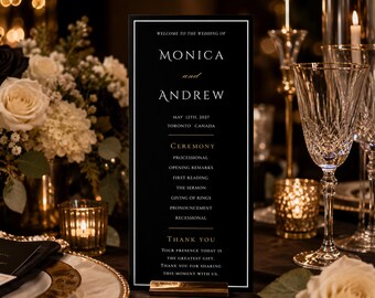 Programme de mariage recto-verso en or noir | Modèle de toile modifiable | 4x9 et DL | Cérémonie de luxe