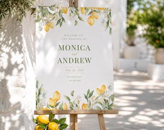Panneau de modèle de bienvenue de mariage citron, décoration de mariage de jardin d'agrumes, affiche de mariage d'été méditerranéen, panneau modifiable sur toile