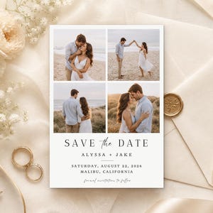 May include: A rectangular Save the Date card featuring four photographs of a couple on a beach and in a field. The text reads: SAVE THE DATE, ALYSSA + JAKE, SATURDAY, AUGUST 22, 2026, MALIBU, CALIFORNIA, formal invitation to follow.