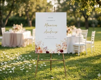 Modèle de plaque de bienvenue en terre cuite, plaque de bienvenue de mariage floral rouille 18 x 24, modèle de toile modifiable, affiche de bienvenue automne Boho