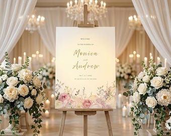 Modèle de plaque de bienvenue pour mariage rose blush, aquarelle florale de mariage signe modifiable sur toile, décoration de mariage rose poudré imprimable, signe romantique