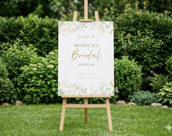 Modèle de plaque de bienvenue pour la douche nuptiale de fleurs sauvages, aquarelle florale pour la douche nuptiale signe modifiable sur toile, décoration de douche nuptiale Boho imprimable