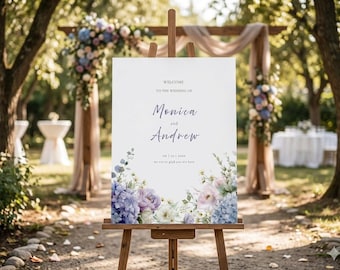 Modèle de plaque de bienvenue hortensia bleu, plaque de bienvenue de mariage floral violet 18 x 24, modèle de toile modifiable, affiche de bienvenue jardin aquarelle