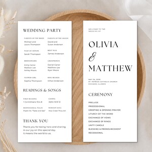 May include: A white wedding programme card with black serif typography. The text lists the wedding party, ceremony order, readings, songs, and a thank you note for Olivia and Matthew on 24 May 2025, at St. Patrick Catholic Church in Chicago, Illinois.