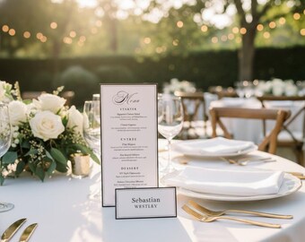 Lot de menus de mariage classique et de modèles de marque-places, menu du dîner en noir et blanc 4 x 9 DL, carte d'escorte pliée à plat, toile modifiable Old Money