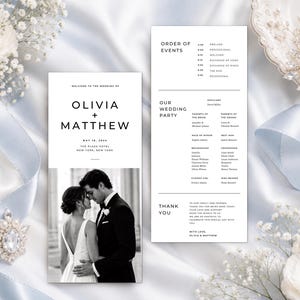Puede incluir: Un programa de boda con una fotografía en blanco y negro de una pareja, con el texto Olivia + Matthew, May 18, 2024, The Plaza Hotel, New York, New York, Order of Events, Our Wedding Party y Thank You, impreso en cartulina blanca.