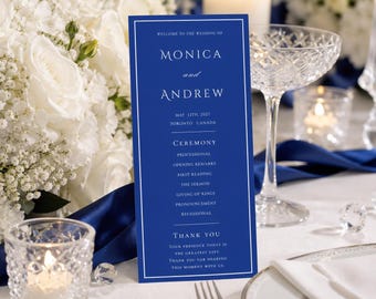 Programme pour mariage recto-verso BCBG à l'ancienne bleu marine | Modèle de toile modifiable | 4x9 et DL | Cérémonie + Fête de mariage