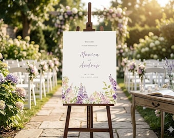 Modèle de plaque de bienvenue lavande, plaque de bienvenue de mariage violet fleurs sauvages 18 x 24, modèle de toile modifiable, affiche de bienvenue aquarelle lilas